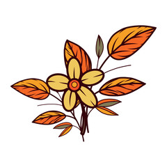 Yellow flower and autumn leaves, twigs, all objects are hand-drawn in vector. Illustration is perfect for designing postcards, invitations, printing on paper, fabric, dishes. Vector illustration