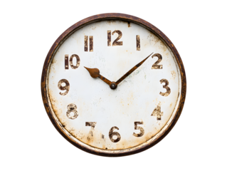 Vintage brown rusty clock shows time, displays aging texture. Perfect for timeline graphics, historical mockups, antique presentations.