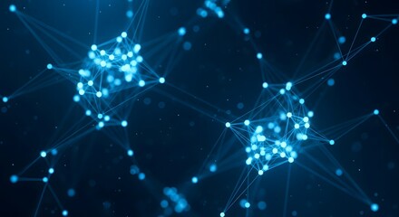Abstract glowing blue network of interconnected nodes and lines representing digital connections and data flow on a dark background