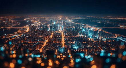 Expansive aerial view of a sprawling city at night illuminated by a vibrant network of glowing lights and streaks