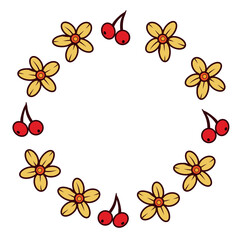 Vector wreath of yellow leaves, red rowan berries. All objects are hand-drawn in vector. The illustration is perfect for printing on postcards, invitations, for printing on fabric, paper. Vector