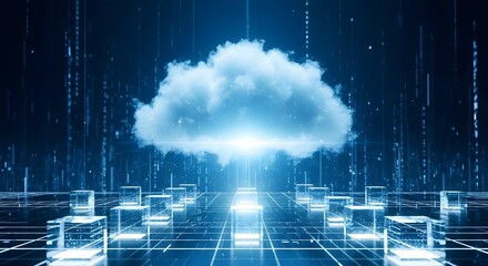 Abstract digital cloud computing concept with glowing blue light and futuristic data streams