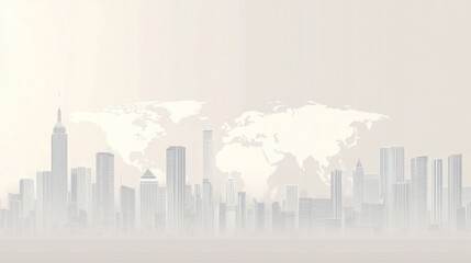 Obraz premium City skyline, world map, hazy background, abstract, urban scene, illustration, possible use for presentation design