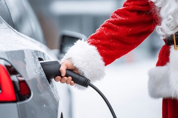 Holiday spirit is alive as Santa Claus in a red outfit plugs in an electric car on a snowy day. The scenery is bright and cheerful, showcasing winter fun