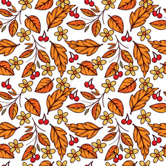 Seamless vector pattern of autumn leaves, berries, flowers. All objects are hand-drawn in vector. The illustration is suitable for printing on paper, postcards, textiles. Vector illustration.