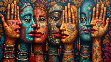 Fototapeta premium artistic representation of diverse faces with ornate hand in front of them. The artwork is rich in color and intricate patterns