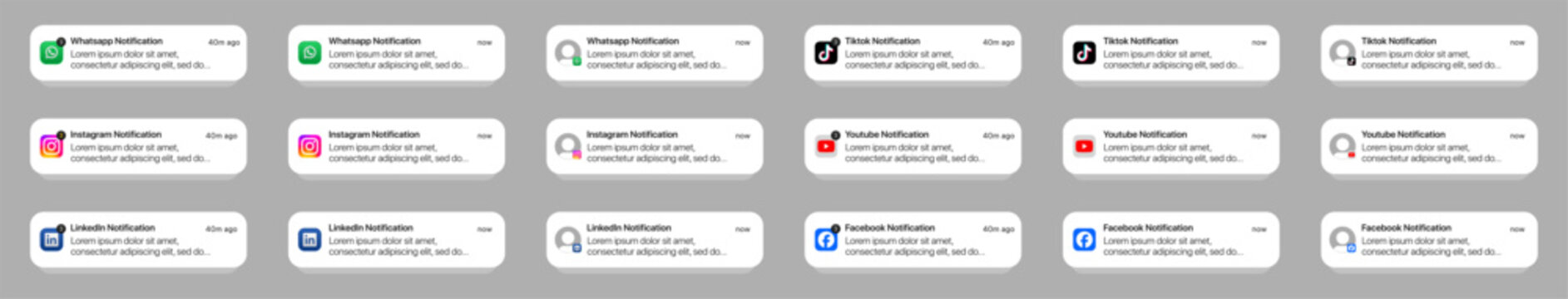 Social media notifications. iOS style notification design for WhatsApp, Instagram, TikTok, YouTube, Facebook, and LinkedIn.