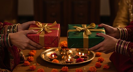 Ornate Diwali sweet boxes with traditional Indian mithai visible inside, decorated with gold foil and ribbons, arranged with sparkler lights creating bokeh effect, festive food gifting, premium sweet 