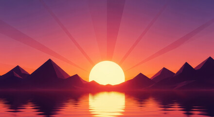 Vibrant sunset over jagged mountains reflected in calm water
