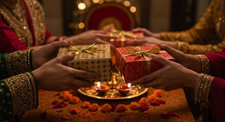 Hands exchanging beautifully wrapped Diwali gift boxes, decorated puja thali visible on table between them, traditional Indian festival setting, warm family atmosphere, cultural gift-giving tradition