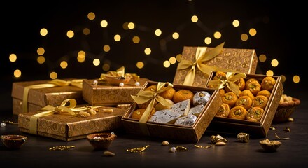 Ornate Diwali sweet boxes with traditional Indian mithai visible inside, decorated with gold foil and ribbons, arranged with sparkler lights creating bokeh effect, festive food gifting, premium sweet 