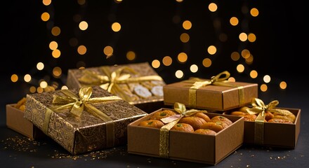 Ornate Diwali sweet boxes with traditional Indian mithai visible inside, decorated with gold foil and ribbons, arranged with sparkler lights creating bokeh effect, festive food gifting, premium sweet 
