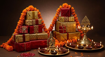 Ornate Diwali sweet boxes with traditional Indian mithai visible inside, decorated with gold foil and ribbons, arranged with sparkler lights creating bokeh effect, festive food gifting, premium sweet 
