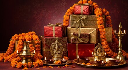 Ornate Diwali sweet boxes with traditional Indian mithai visible inside, decorated with gold foil and ribbons, arranged with sparkler lights creating bokeh effect, festive food gifting, premium sweet 