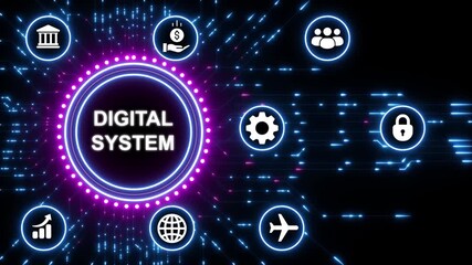 Digital System Network with Icons for Finance, Travel, and Global Communication technology - Powered by Adobe