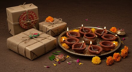 Sustainable Diwali gift boxes wrapped in recycled paper and natural jute, placed with traditional puja thali using clay diyas, organic flowers, eco-friendly sparklers, green celebration