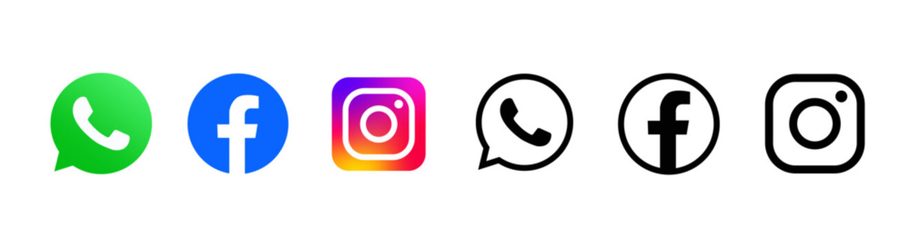 Facebook, instagram, and whatsapp social media app logo. colorful gradient and black social media icon set communication symbol - editorial