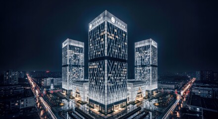 Night Drone Panoramic: High-Tech Smart Building Wonder, Dynamic View (2)