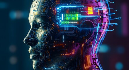 Abstract representation of a human head profile with glowing digital circuits and data streams inside the brain