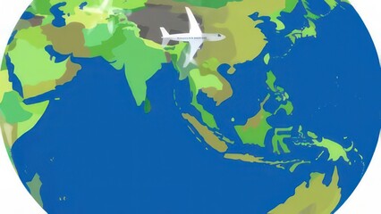 Airplane flying over the Earth showing continents and oceans.