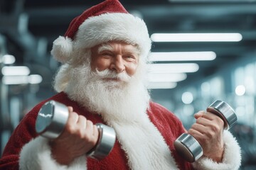 In a gym filled with equipment, Santa Claus is holding dumbbells in each hand. He is wearing his traditional red suit and smiling happily. The atmosphere conveys holiday cheer and fitness enthusiasm