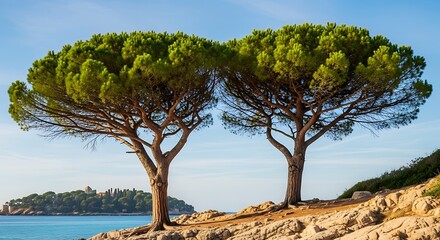 Obraz premium Two Umbrella Pines on the Coast - A Mediterranean Landscape.