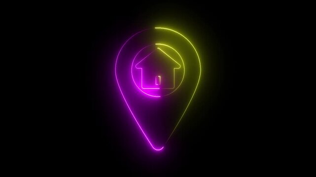 Neon location navigation and address yellow and pink color saber animation on black background. HD video