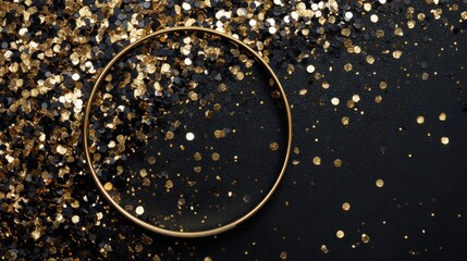 golden ring on black and gold confetti,