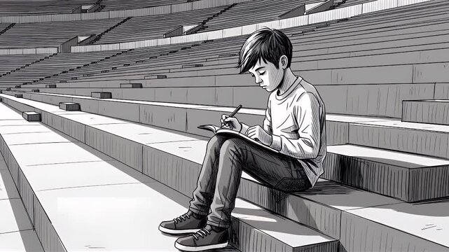 Young person writing in notebook on stadium steps illustration