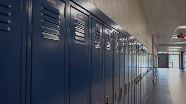 Tilt down of lockers in a high school hallway