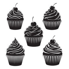 Black silhouettes of cupcakes with cream isolated on a white background. Black and white line art and silhouette illustrations of cupcakes. Vector illustration set of 4