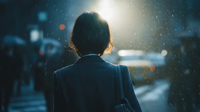 雪が降る中出勤する日本人女性