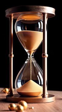 Golden hourglass with flowing sand rotating slightly under warm studio light, symbolizing time passing, countdown, balance and precision, elegant cinematic close-up with realistic reflections and moti