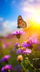 Butterfly on a flower at sunset