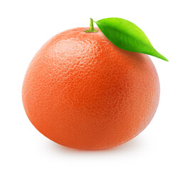 Single grapefruit with leaf isolated on white background, with clipping path