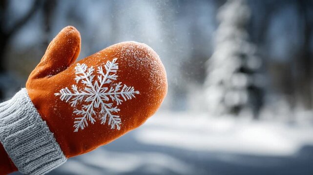 Winter's Embrace: An orange mitten adorned with a delicate snowflake, poised to catch the gentle descent of icy crystals, creating a tranquil scene of winter's beauty.
