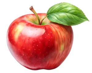 Watercolor painting of a vibrant red apple with fresh green leaf isolated on transparent background