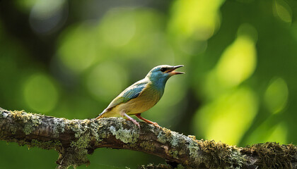 Obraz premium Small colorful bird calling out on mossy tree branch with blurred green background in natural forest environment