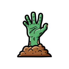 Obraz premium Green Zombie Hand Rising from Grave, Halloween Cartoon Illustration