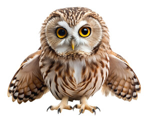 Naklejka premium Small owl with big yellow eyes perched with folded wing isolated on transparent background