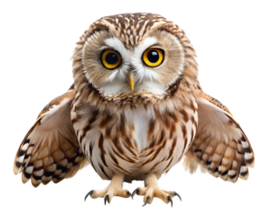 Small owl with big yellow eyes perched with folded wing isolated on transparent background