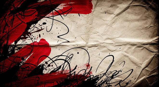 Abstract expressionist artwork featuring bold red splatters and energetic black ink scribbles on textured paper