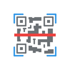 Abstract QR Code Scan With Red Line and Blue Corners On Transparent Background
