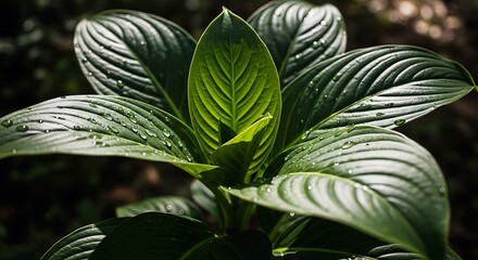 Lush green foliage with water droplets, glistening under soft light