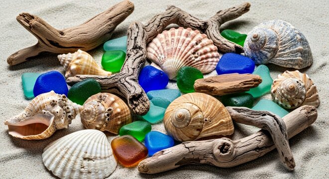 Peaceful Coastal Still Life Arrangement of Weathered Seashells and Sea Glass (2).jpg - Powered by Adobe