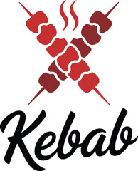 Vector Grilled Meat Skewers Logo: Two Crossed Kebab Icon with Steam and Script Text.