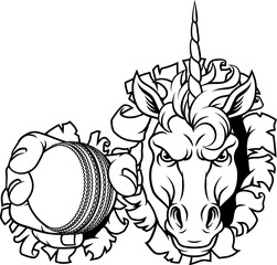 Unicorn horse stallion angry cricket sports team mascot holding a ball.