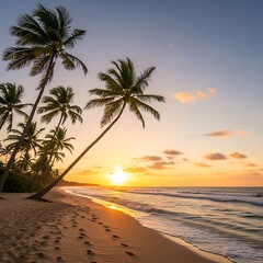 Tropical Sunset Serenity - Palm Trees and Golden Hour on the Beach.