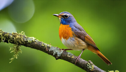 Fototapeta premium Colorful bird perched on mossy branch with vibrant orange throat and blue feathers against soft green blurred background, capturing natural beauty and peaceful wildlife moment