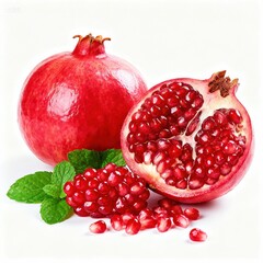 Juicy pomegranates with vibrant red seeds and fresh mint leaves, perfect for healthy eating campaigns or elegant dessert concepts, showcasing natural beauty